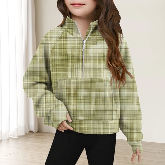 Nmnitkp Girls Half Zip Sweatshirt Long Sleeve Pullover Crop Tops Kids Lightweight Fleece Fashion Winter Clothes Green,11 Years