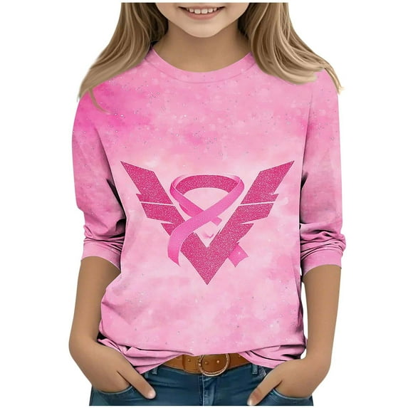Nmnitkp Girls Long Sleeve Shirts Breast Cancer Casual Print Pattern 3/4 Sleeve Round Neck Foundation Shirt Pink,3-4 Years