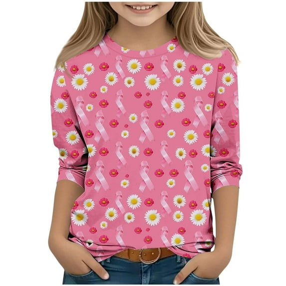 Nmnitkp Girls Long Sleeve Shirts Breast Cancer Casual Print Pattern 3/4 Sleeve Round Neck Foundation Shirt Pink,3-4 Years