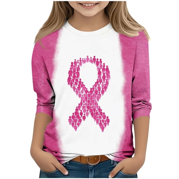 Nmnitkp Girls Long Sleeve Shirts Breast Cancer Casual Print Pattern 3/4 Sleeve Round Neck Foundation Shirt Pink,5-6Years