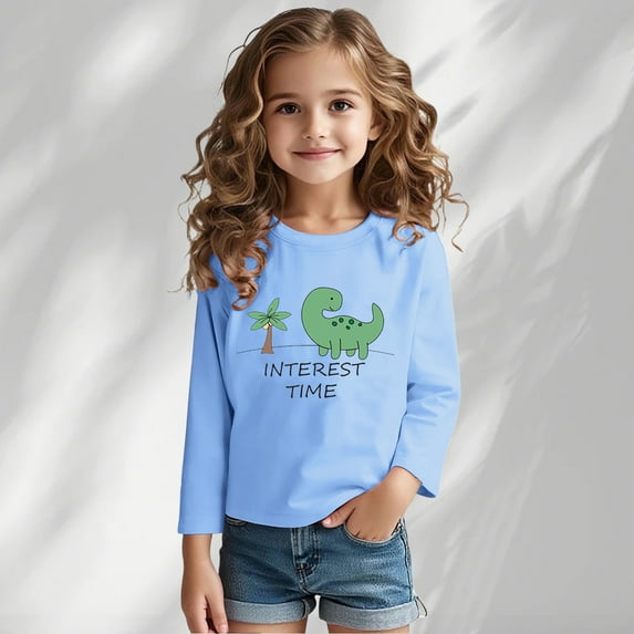 Nmnitkp Girls Long Sleeve Shirts Comfortable and Soft Spring And Fall Long Sleeve T-shirt Base Shirt Long Sleeve Round Neck Top Light Blue,8 Years