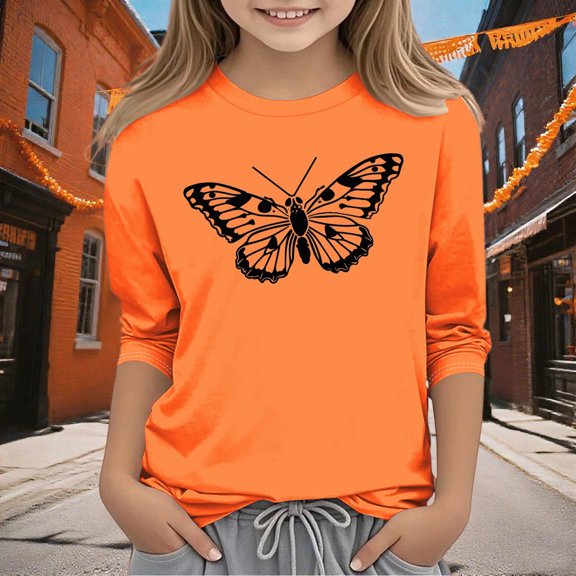 Nmnitkp Girls Long Sleeve Shirts Girls Sweatshirt Orange Festival Casual Originality Printed 3/4 Sleeve Round Neck Top Orange,13 Years