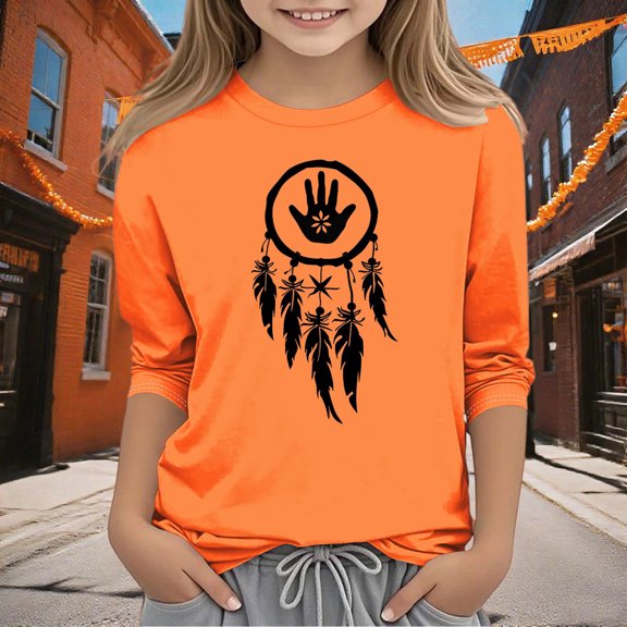 Nmnitkp Girls Long Sleeve Shirts Girls Sweatshirt Orange Festival Casual Originality Printed 3/4 Sleeve Round Neck Top Orange,4 Years