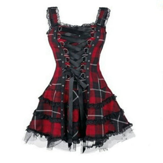 Nmnitkp Gothic Dress Beautiful Figure Plus Size Gothic Mini Dress Slim Cami Short Dresses Plaid Lace Mesh Sleeveless Cute Party Dresses & High Cost Performance Gothic Dresses for Women