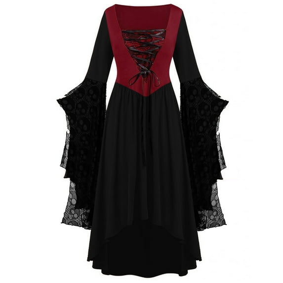 Nmnitkp Gothic Dress Dark Style Halloween Dresses for Women Oversize Long Flare Sleeve Dress Lace Cutout Black Split Goth Vintage Dress Clothes