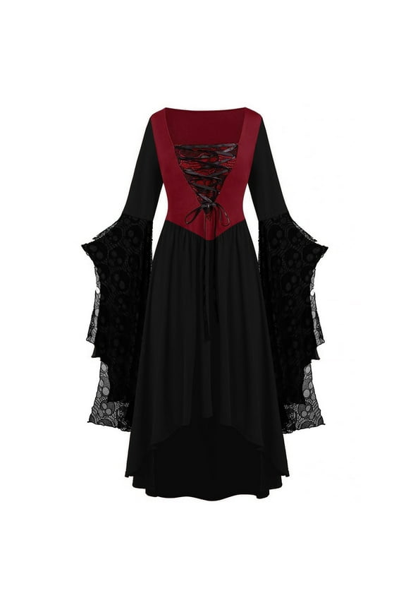 Gothic Dress Dark Style Halloween Dresses for Women Oversize Long Flare Sleeve Dress Lace Cutout Black Split Goth Vintage Dress Clothes
