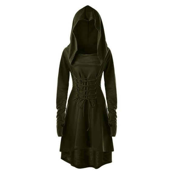 Nmnitkp Gothic Dress Unique Design Womens Renaissance Costumes Hooded Robe Lace Up Vintage Pullover High Low Long Hoodie Dress Cloak & Halloween Dress(Plus Size)