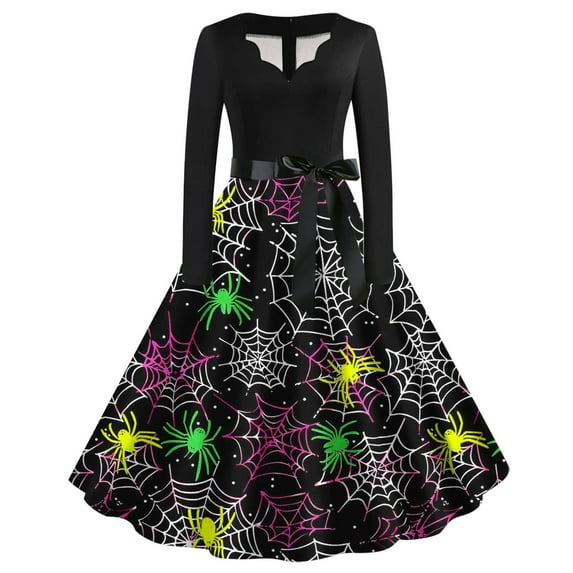 Nmnitkp Halloween Dresses High Cost Performance Halloween Dress for Women 1950s Vintage Pumpkin Printed Long Sleeve V Neck Plus Size Evening Prom Dresses with Belt Show Individuality Gothic Dress
