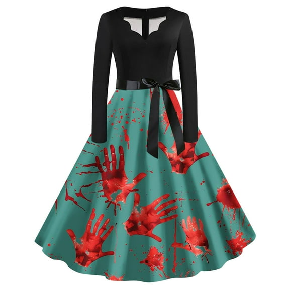 Nmnitkp Halloween Dresses High Cost Performance Halloween Dress for Women 1950s Vintage Pumpkin Printed Long Sleeve V Neck Plus Size Evening Prom Dresses with Belt Show Individuality Gothic Dress
