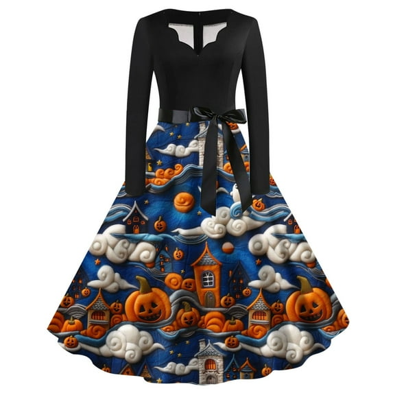 Nmnitkp Halloween Dresses High Cost Performance Women's Cap Sleeve 1950s Retro Vintage Cocktail Swing Dresses High Quality Fabric Halloween Dresses with Belt & Fine Workmanship Gothic Dress