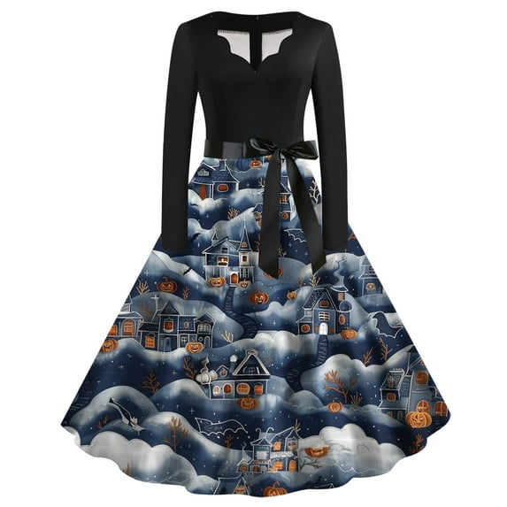 Nmnitkp Halloween Dresses High Quality Fabric Halloween Dress for Women 1950s Vintage Pumpkin Printed Long Sleeve V Neck Plus Size Evening Prom Dresses with Belt Popular Style Gothic Dress