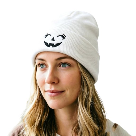 Nmnitkp Halloween Pumpkin Embroidered Beanie Hat Unisex Winter Knit Cuffed Cap Warm Skull Hat for Halloween Party Daily Outdoor Holiday Photo Props