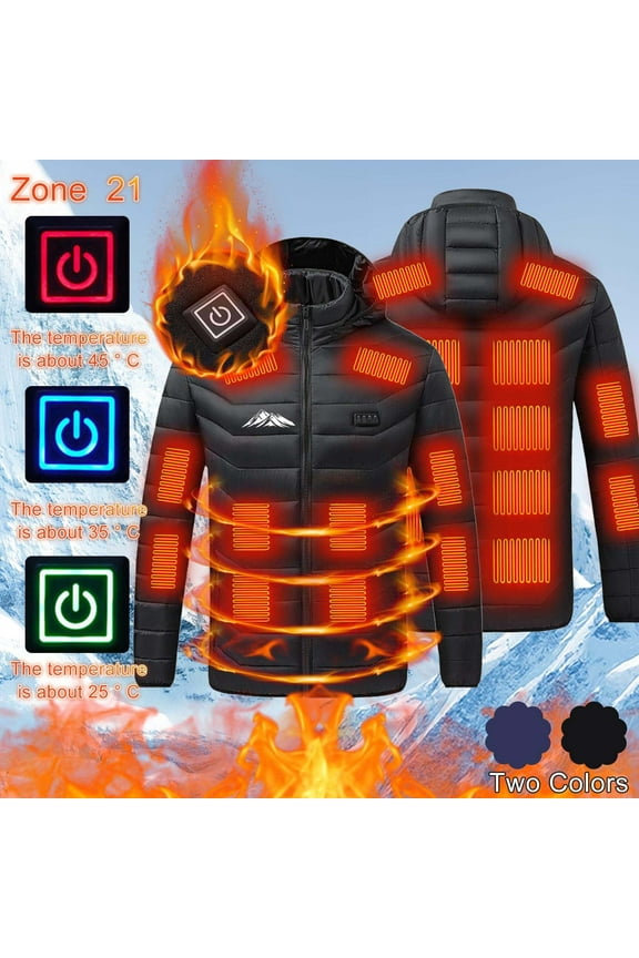 Heated Jacket for Men Casual Printing Zipper Four Control 21 Areas Heat Heating Tanks USB Charging Tanks Long Sleeve Hooded Outwear(Battery Pack Not Included) Black,L