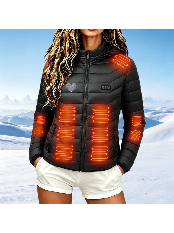 Heated Jacket For Women 21 Zones Heated Puffer Jacket USB Electric Heating Coat 4 Independent Control Zones 3 Levels Hooded Winter Outerwear Skiing C Black,M