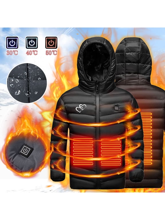 Heated Jacket for Boys Girls 3 Area, USB Charging Electric Body Warmer, Winter Hooded Heating Warm Puffer Coat[Battery Not Included]