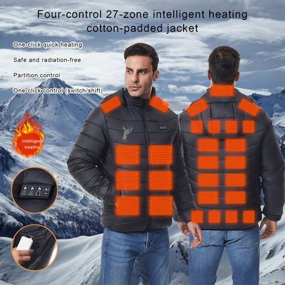 Nmnitkp Heated Jacket for Men Heated Coat Hooded Heating Warm Jackets Windproof USB Charging Electric Body Warmer(No Battery)Black #03,XL