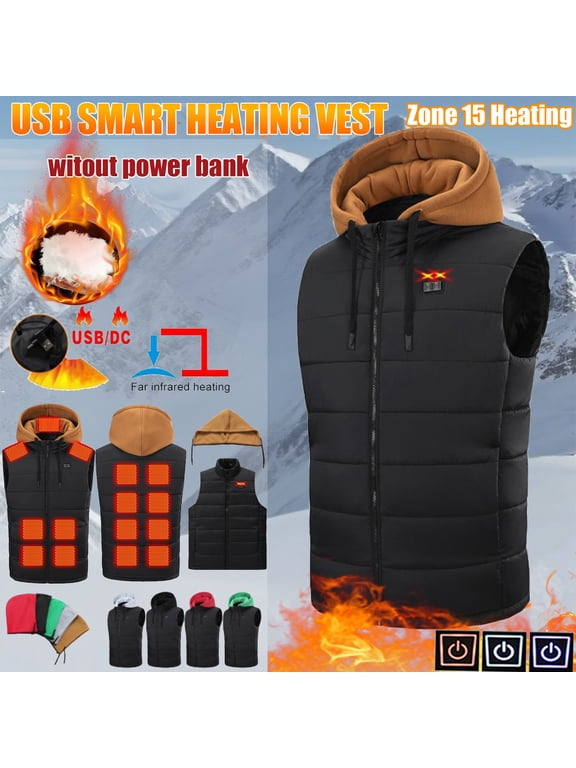 Heated Vest for Men Women 15-Zone USB Smart Heating Body Warmer with Detachable Hood Dual Control 3 Levels for Winter Outdoor Work Skiing Hunting Black,XXXL