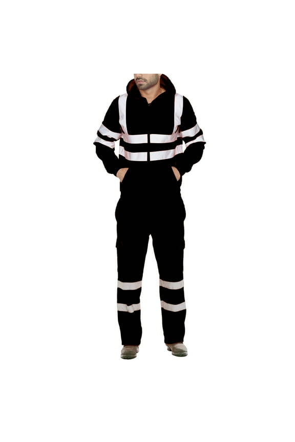 High Visibility Safety Jacket ANSI/ISEA Standard Reflective Jacket Pocket and Zipper & Men's Zipper Top Hooded Sanitation Worker Reflective Strip Work Clothes Long Sleeve Pants Suit