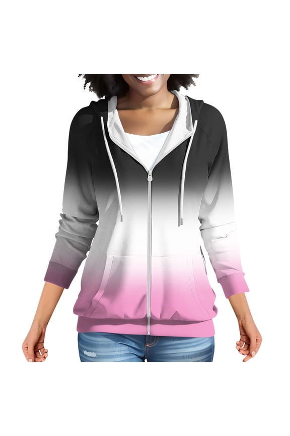 Hoodie for Women Gradient Ombre Zip Up Hoodie Drawstring Raglan Long Sleeve Kangaroo Pocket Colorful Casual Layering Outerwear For Lounge Daily Wear Pink,L