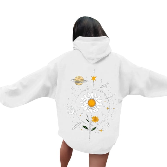 Nmnitkp Hoodies for Women Long Sleeve Floral Print Pullover Hoodie Sweatshirt Tops White,S