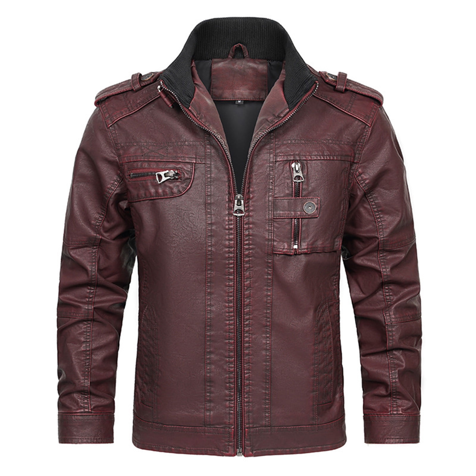 Nmnitkp Jackets for Men Easy Cleaning Care Men’s Stand Collar Leather Jacket Casual Faux Leather Motorcycle Jacket Outerwear Coat with Zipper Pockets & High Quality Fabric Leather Jacket Men