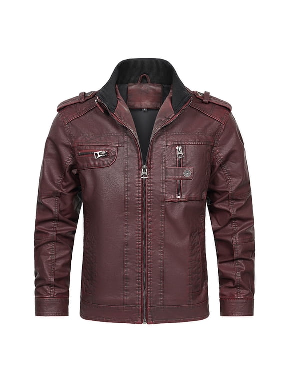 Jackets for Men Easy Cleaning Care Men’s Stand Collar Leather Jacket Casual Faux Leather Motorcycle Jacket Outerwear Coat with Zipper Pockets & High Quality Fabric Leather Jacket Men