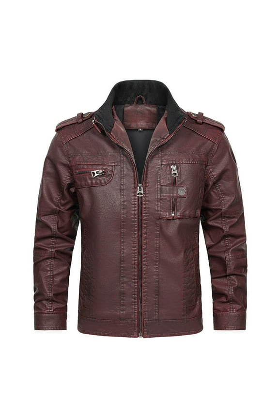 Jackets for Men Easy Cleaning Care Men’s Stand Collar Leather Jacket Casual Faux Leather Motorcycle Jacket Outerwear Coat with Zipper Pockets & High Quality Fabric Leather Jacket Men
