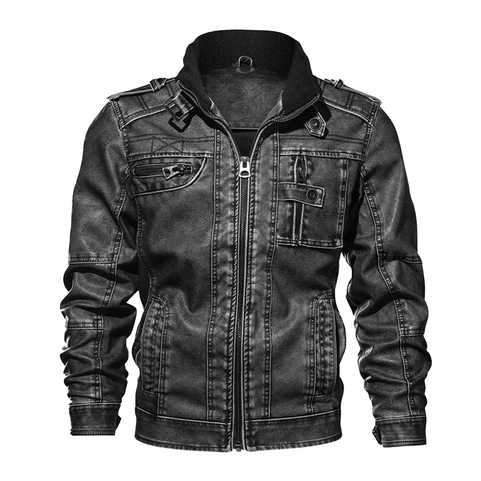 Nmnitkp Jackets for Men Easy Cleaning Care Men’s Stand Collar Leather Jacket Casual Faux Leather Motorcycle Jacket Outerwear Coat with Zipper Pockets & High Quality Fabric Leather Jacket Men