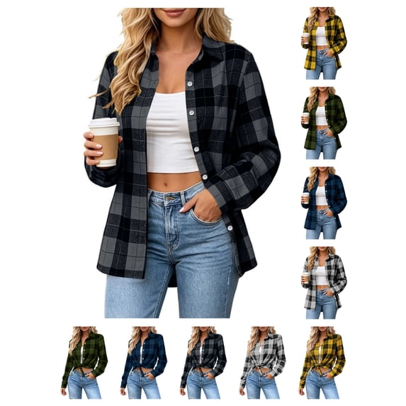 Nmnitkp Jackets for Women Plaid Flannel Shirt Button Down Lapel Collar Long Sleeve Loose Casual Layering Outerwear Lightweight Checked Jacket For Fall Daily Wear Dark Gray,XL