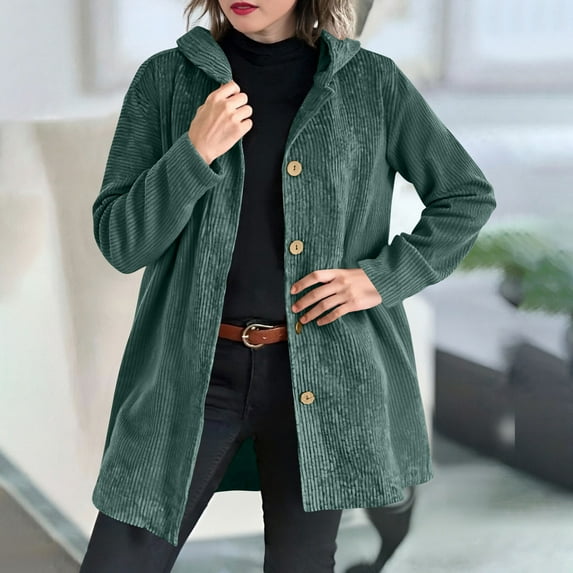 Nmnitkp Jackets for Women Corduroy Button Long Sleeve Winter Coat Fall Outerwear Tops with Pockets Green,3XL