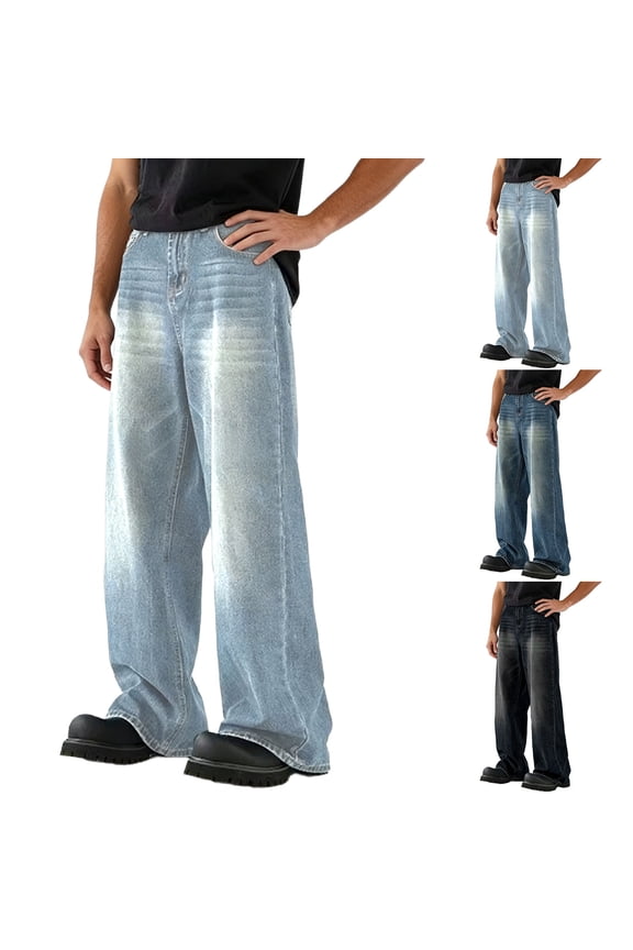 Jean Men's Pants Retro Washed Baggy Wide Leg Jeans, Loose Straight Leg Denim Pants, Casual Streetwear Trousers with 5 Pockets for Daily Wear Light Blue,3XL