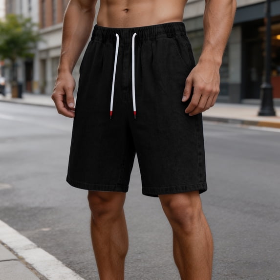 Nmnitkp Jean Shorts Men's Elastic Waist Denim Shorts Drawstring Relaxed Straight Leg Summer Casual Jean Shorts Black,M