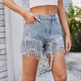 thumbnail image 1 of Nmnitkp Jean Shorts Womens High Waisted Denim Shorts, Fringe Tassel with Pearl Rhinestone Embellished, Distressed Ripped Jean Shorts for Summer Party Festival Wear Blue,M, 1 of 7