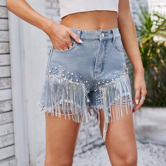 Nmnitkp Jean Shorts Womens High Waisted Denim Shorts, Fringe Tassel with Pearl Rhinestone Embellished, Distressed Ripped Jean Shorts for Summer Party Festival Wear Blue,M