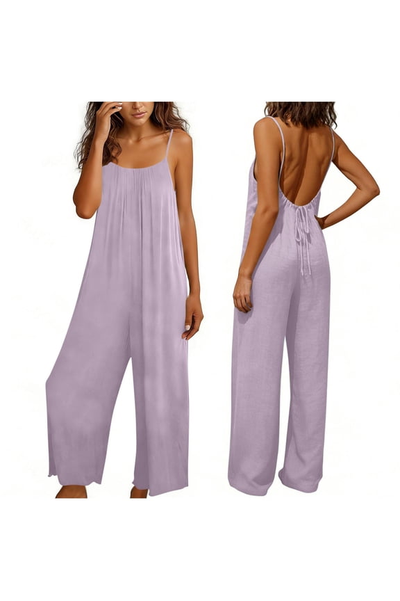Jumpsuit for Women Cotton Linen Blend Wide Leg Jumpsuit, Spaghetti Strap Backless Tie Back Romper, Casual Summer Vacation Beach Lounge Purple,S