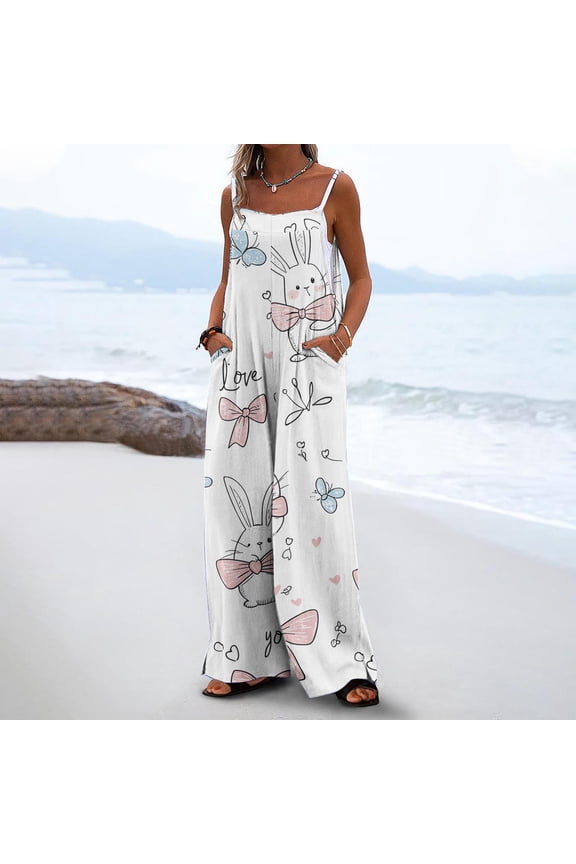 Jumpsuits for Women Easter Bunny Print Wide Leg Overalls, Adjustable Strap Loose Fit Jumpsuit with Pockets, Summer Vacation Beach Casual Romper for Holiday Daily Wear Multicolor,3XL