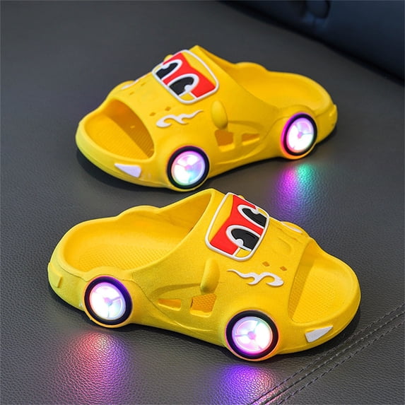 Nmnitkp Kids' 3D Car Light Up Slides, EVA Soft Sole Comfortable Sandals, Non-Slip Indoor & Outdoor Casual Shoes for Toddler/Little Boys & Girls Yellow,26