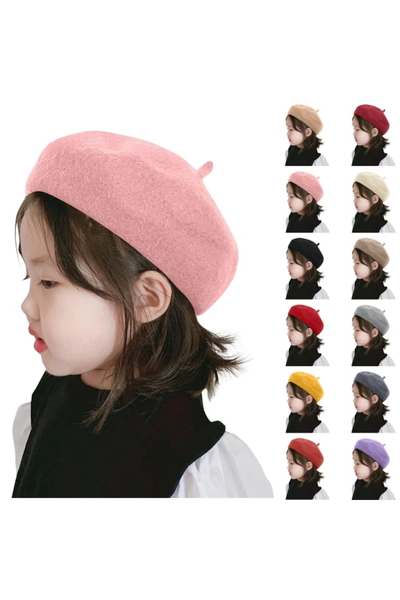 Kids Beret Hats for Girls French Wool Berets Hat Classic Fashion Warm Beanie Cap for Toddler Little Girl 2-4 Years Pink