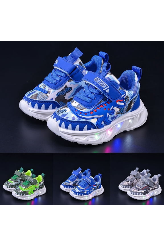 Kids' Dinosaur Light Up Sneakers, Breathable Mesh Adjustable Strap Sports Shoes, Non-Slip Soft Sole Outdoor Athletic Shoes for Toddler/Little Boys Blue,21