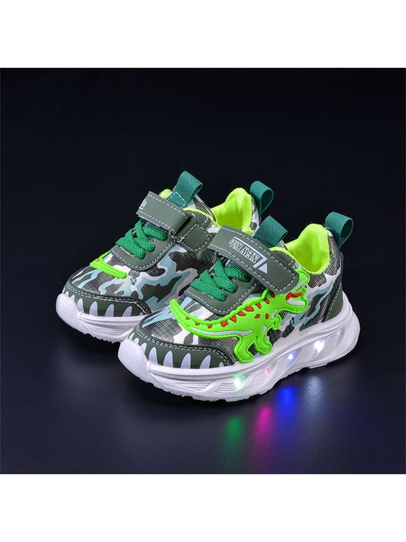 Kids' Dinosaur Light Up Sneakers, Breathable Mesh Adjustable Strap Sports Shoes, Non-Slip Soft Sole Outdoor Athletic Shoes for Toddler/Little Boys Green,24