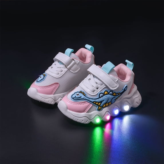 Nmnitkp Kids' Dinosaur Light Up Sneakers, Breathable Mesh Adjustable Strap Sports Shoes, Non-Slip Soft Sole Outdoor Athletic Shoes for Toddler/Little Boys Pink,29