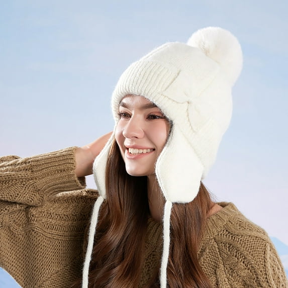 Nmnitkp Knit Sherpa Wool Unisex Hat with Micro Fleece Lining with Pattern - Ear Flaps - Toque - Beanie Beige