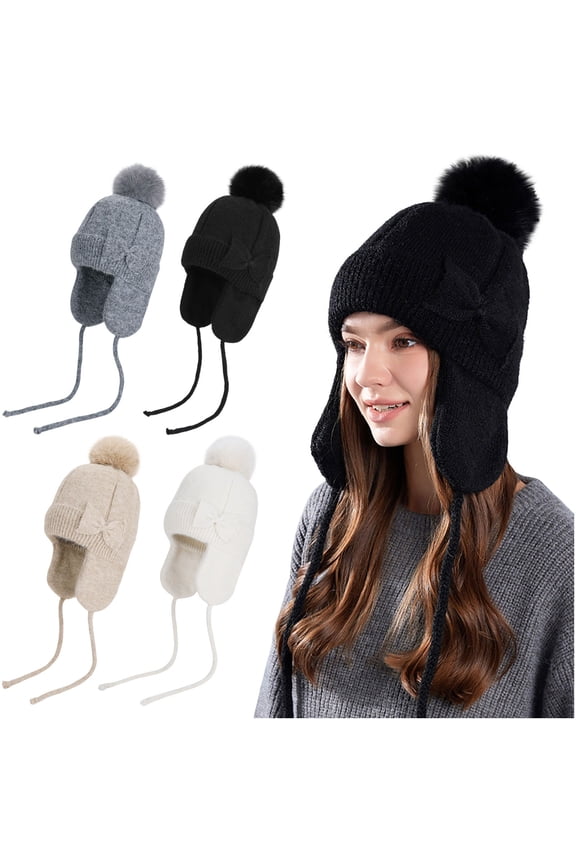 Knit Sherpa Wool Unisex Hat with Micro Fleece Lining with Pattern - Ear Flaps - Toque - Beanie Black