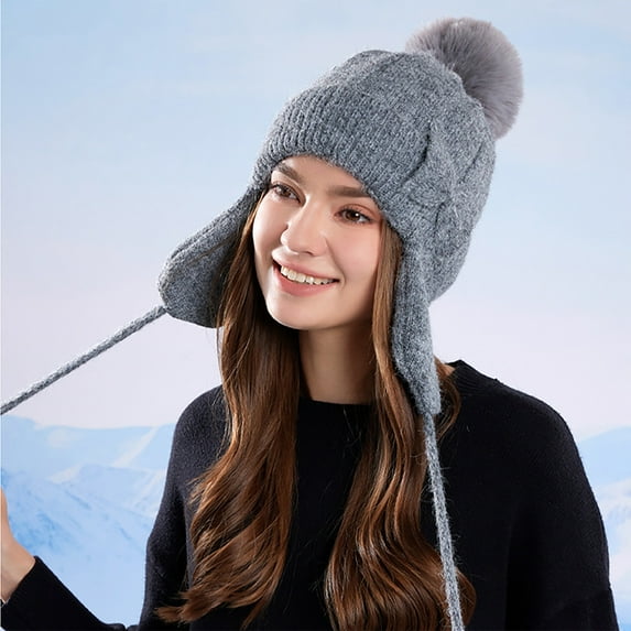 Nmnitkp Knit Sherpa Wool Unisex Hat with Micro Fleece Lining with Pattern - Ear Flaps - Toque - Beanie Gray