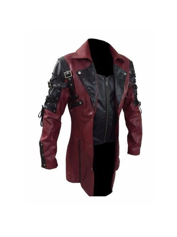 Leather Jacket Men High Cost Performance Punk Rave Poison Black & Maroon Jacket Mens Faux Leather Goth Steampunk Military Coat Plus Size with Zipper Pockets