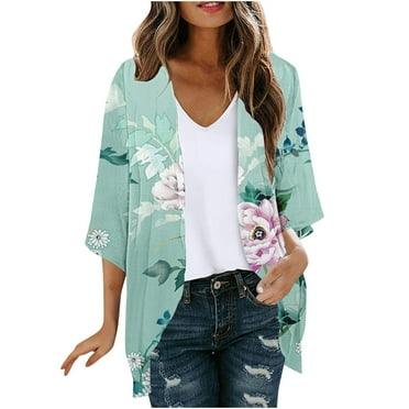 Nmnitkp Light Weight Cardigan Women Summer Short Sleeve Cardigan Floral Print Puff Sleeve Kimono Cardigan Loose Cover Up Casual Blouse Tops