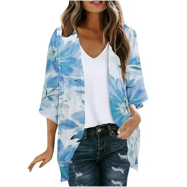 Nmnitkp Lightweight Summer Cardigan Floral Print Puff Sleeve Kimono Cardigan Loose Cover Up Casual Blouse Tops and Blouses for Women Dressy Casual
