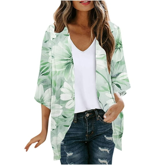 Nmnitkp Lightweight Summer Cardigan Womens Blouse Sleeve Cardigan Floral Print Puff Sleeve Kimono Cardigan Loose Cover Up Casual Blouse Tops