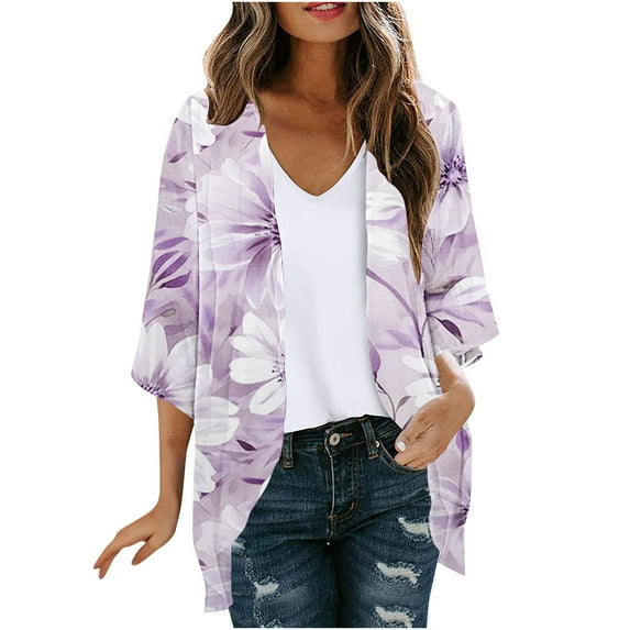 Nmnitkp Lightweight Summer Cardigan Womens Blouse Sleeve Cardigan Floral Print Puff Sleeve Kimono Cardigan Loose Cover Up Casual Blouse Tops