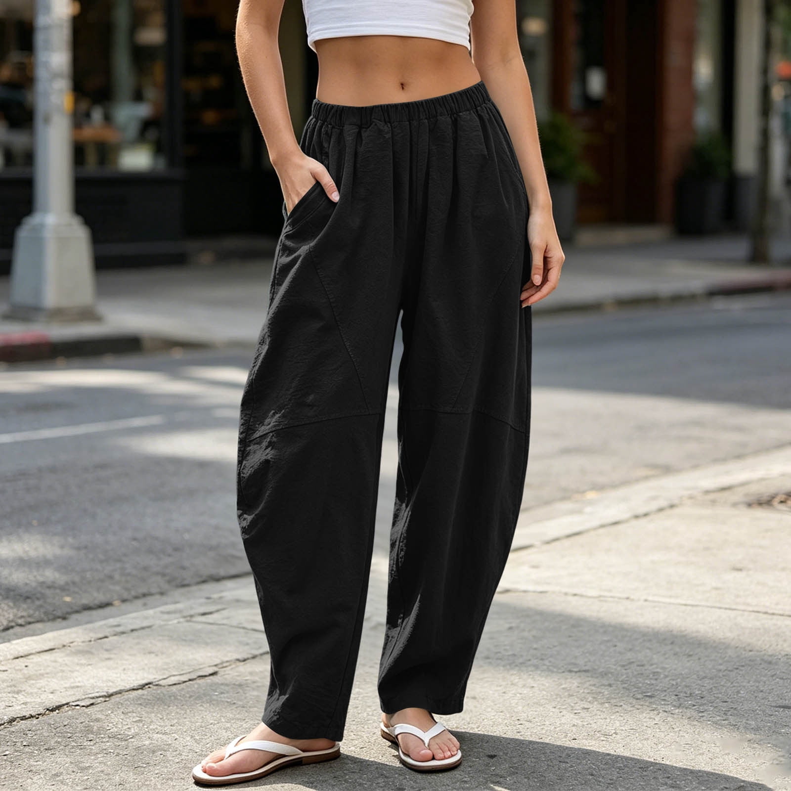 Nmnitkp Linen Pants Women Blend Barrel Lantern Pants High Waisted
